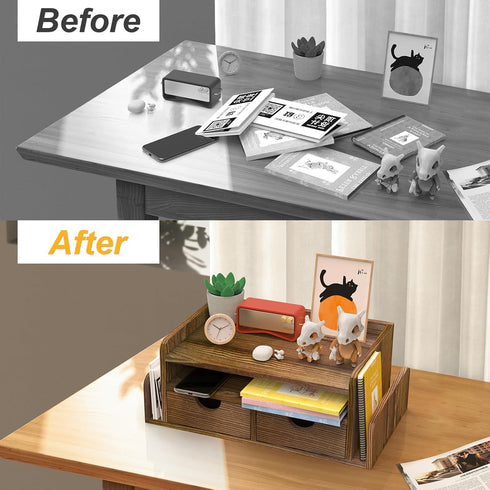 HZE Wooden Desk Organizer with Drawers, Rustic 3-Tier Desktop Organizer, Desktop Drawers with 2 Side Mail Sorting Slots