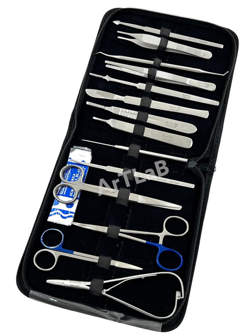 New Premium Stainless Steel Biology Lab Dissection Kit Set, Scalpel Knife Handle, Blades, Forceps, Scissors