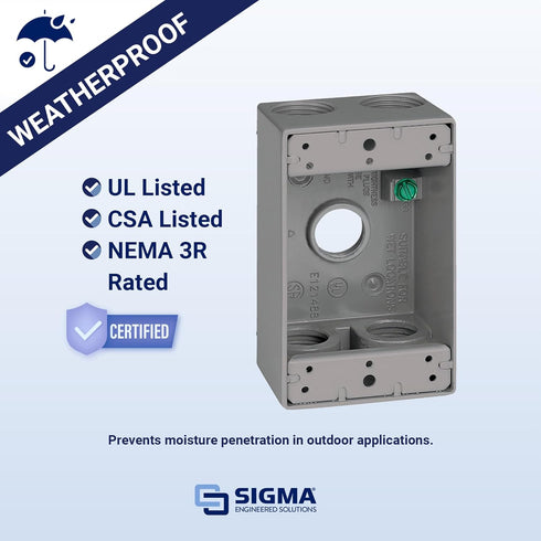 SIGMA ENGINEERED SOLUTIONS 14253-5 Metal Electrical Outlet Box, Weatherproof, Gray, 1 Gang Box with 5 Holes