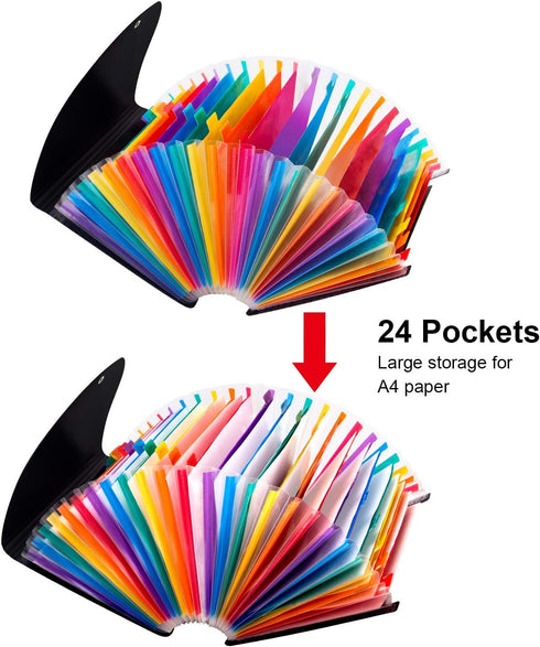 Uquelic Large Plastic 24 Pocket Expanding File Folder with Cover - Rainbow Accordion A4 Document Organizer Briefcase