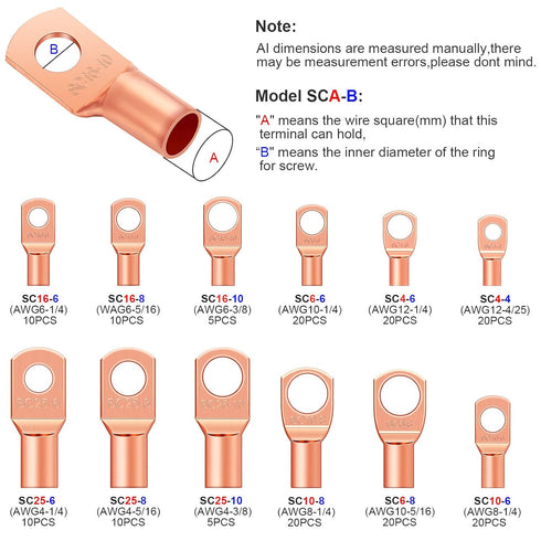 Weewooday Copper Battery Cable Ends 12 Sizes Battery Terminal Connectors Copper Lug Ring Terminal Battery Wire Lugs Eyelets Tubular for AWG4, AWG6, AWG8, AWG10, AWG12(Mixed Sizes, 170 Pieces)