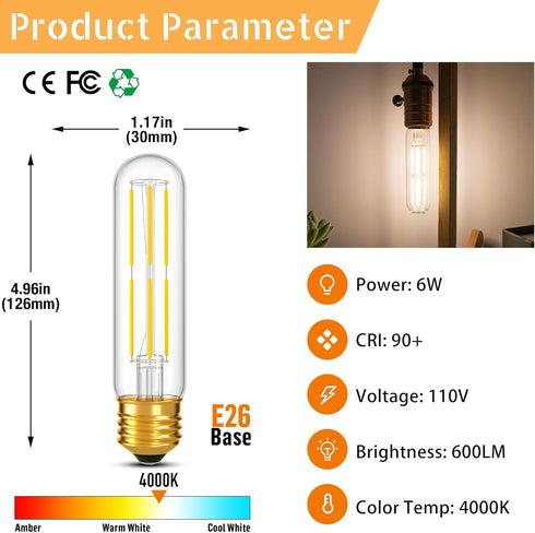 Dimmable E26 T10 Bulb Bulbs 6W(60W Bulb Bulbs Light,Chandelier,Hutch,4000K 600LM,4 Pack LED Tube Light