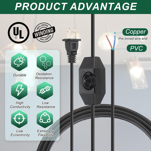 8 1 Set PATIKIL Feet Lamp Cord with Plug, UL List Lamp Power Cord with Full Range Rotary Lamp Switch Stripped Ends