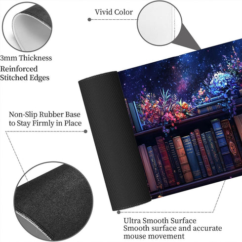 FZAZMLT 31.5x11.8 Inch Purple Bookshelf Large Mouse Pad Floral Books Magic Fantasy Witchy Mousepad XL Large Gaming