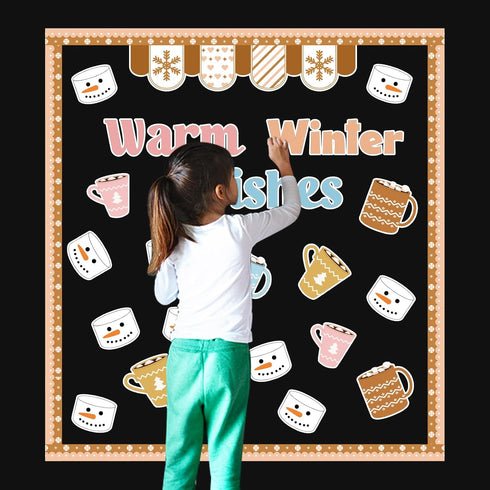 Boho Winter Bulletin Board Decorations, Hot Cocoa Cutouts for Christmas Classroom Decor