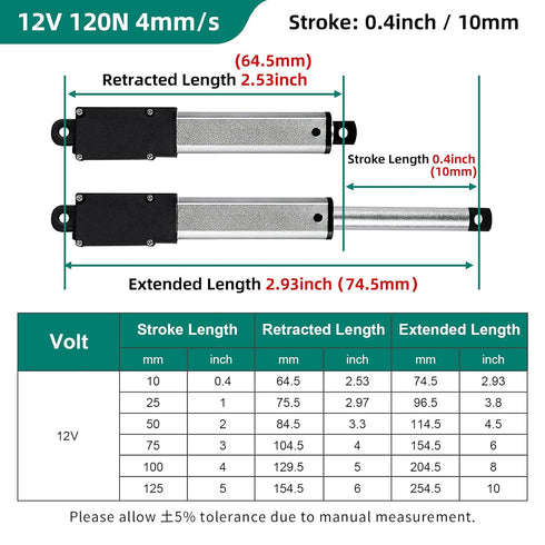 Stroke 10mm 120N 0.4 Inch Mini Linear Actuator 12V Force 28lbs Electric Linear Motion Actuators High Speed 4mm/sec for Robotics,Home Automation with Mounting Brackets