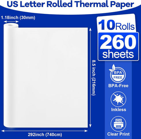 TUXIYA 10 8.5"x11" 260 Rolls Thermal Printer Paper US Letter Size, BPA free Quick-Dry Thermal Paper,Thermal Printing