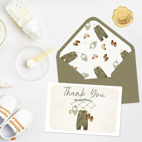 50 Pack Whaline Baby Shower Thank You Cards Boxed Vintage Green Cloth Note Cards with Envelopes Stickers Greeting Blank