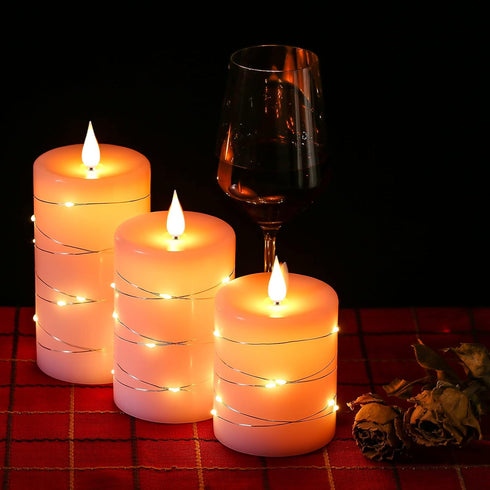 3 Pack-Pink Da by Flameless Candles with String LightsBattery Operated Candles,LED Flickering Candles with Remote