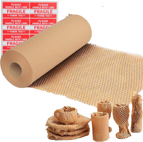 Eco Friendly Honeycomb Packing Paper Wrap 12"x200' Roll with 20 Fragile Sticker Labels
