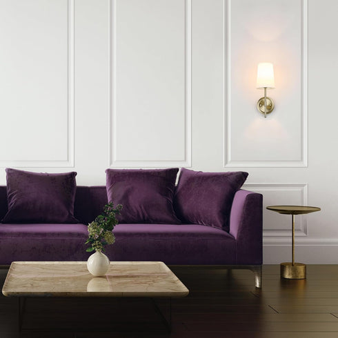 51861 1-Light Bulb Globe Electric Clarissa Wall Sconce, Matte Brass, White Fabric Shade, Not Included