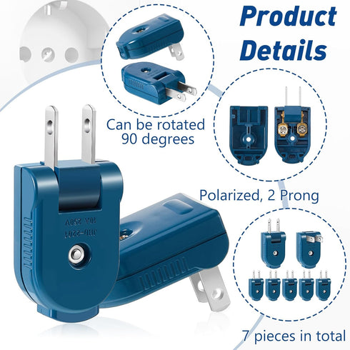 7 Piece Replacement Plug Extension Cord Plug - 2 Prong, 125V 15A Electric Plug for Small Appliances