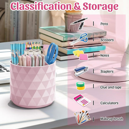 Sparkling Diamond-like Desk Organizer, 360° Rotating Pen Holder with 5 Compartments for Office, School, Home (Pink)