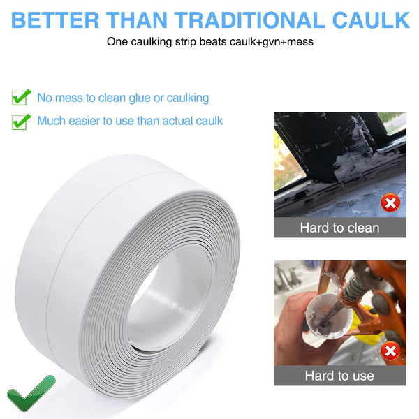 Caulk Tape Bath & Kitchen, Self Adhesive Waterproof Caulking Tape, Traditional Caulking Replacement (White, 1.5"x10.5Ft)