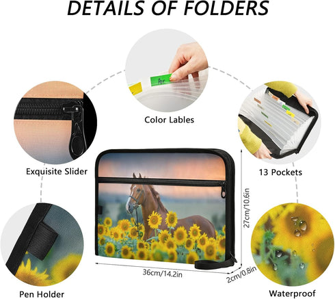 Horse Sunflowers Field Accordion Document Files Organizer, 13 Pockets, Yellow Floral Expanding File Folder for A4