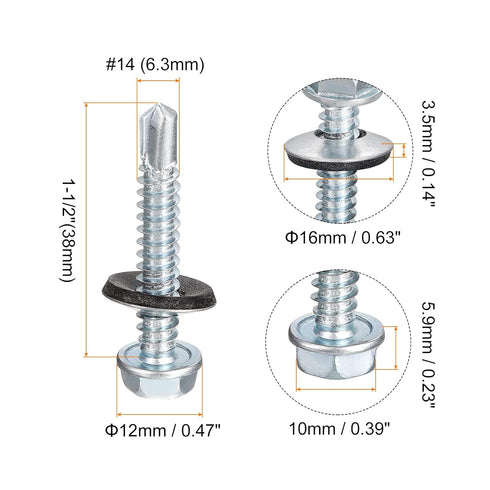 uxcell #14 x 1-1/2" Self Drilling Screws, 100pcs Zinc Plated Steel Roofing Screws with Rubber Washer for Metal