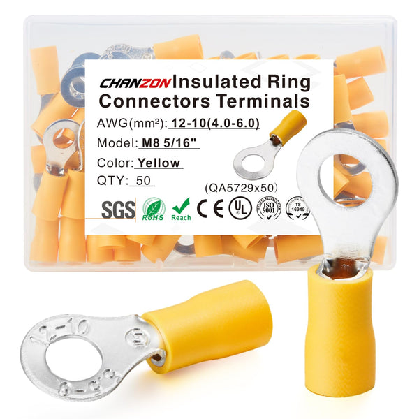 Chanzon Yellow Ring Terminals, M6 1/4" inch, UL Listed Insulated PVC Eyelet Wire Connector for 12-10AWG Gauge