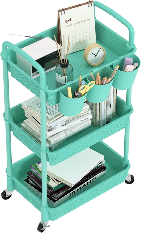 MOYIPIN 3-Tier Plastic Rolling Utility Cart with Handle,Utility Storage Cart for Office, Living