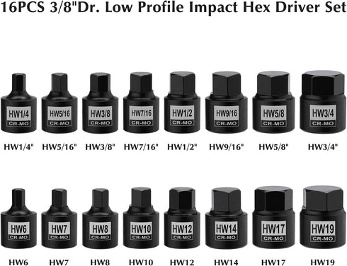 16PCS 3/8" Set, 16 Set, 1/4 Inch 3/4 Inch, 6mm 19mm EMENTOL Drive Low Profile Impact Hex Driver SAE/Metric, CR-MO