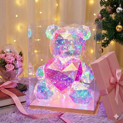 Aladdinas LED Teddy Bear Night Light, Holographic Iridescent Design, Nursery Decor Display Box with Ribbon (Pink Hear