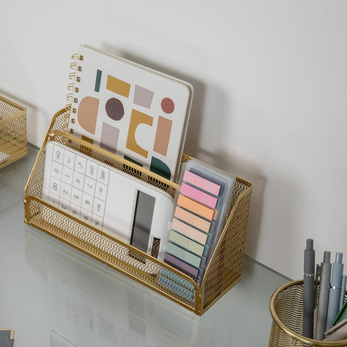 Martha Stewart Ryder Gold Mesh Metal 6 Piece Set, Desktop Organizers and Accessories for Files, Magazines, Pens, Sticky