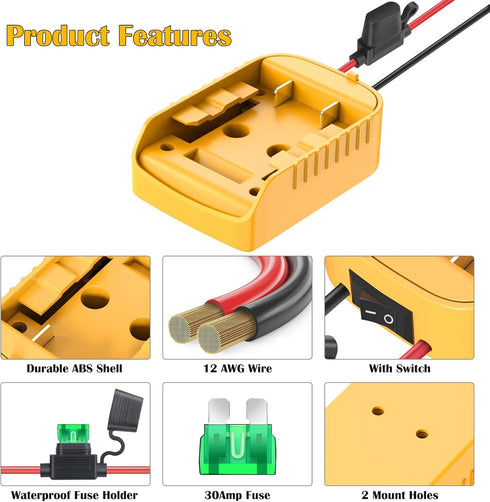 Dewalt 20V Battery Adapter for Power Wheels - Battery Conversion Kit with Switch, Fuse, Wire Terminals & 12AWG Wire