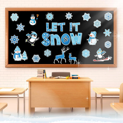 Pasimy 25 Pcs Winter Bulletin Board Set, Christmas Classroom Decorations Snowflake Penguins Snowman Paper Cutouts.