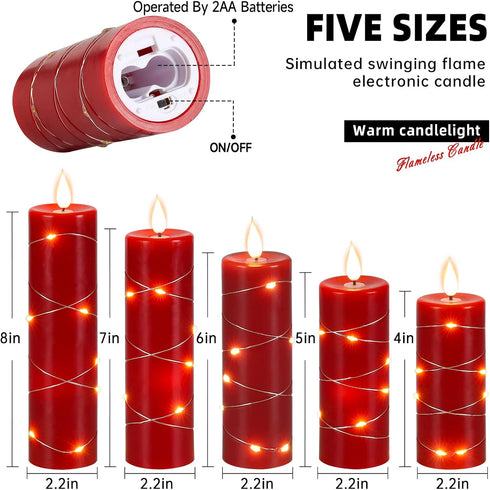Wax,5 Pack Da by Red Flameless Candles with String Lights, Battery Operated Candles with Remote Control