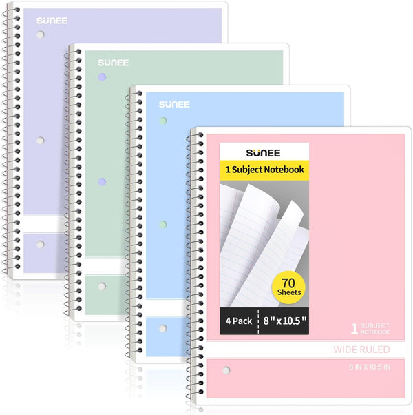 SUNEE Spiral Notebooks, Wide Ruled, 1-Subject, 4 Pack, 8 x 10-1/2 in, 70 Sheets, Pastel Colors for School, Office