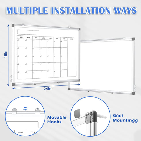 Monthly Calendar Dry Erase Whiteboard, 24" x 18", Magnetic, Double-Sided Portable Board for Office, Kitchen, School