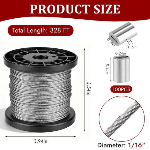 Hoiny 328FT 1/16" 304 100Pcs 7x7 300lbs Wire Rope Kit, Stainless Steel Cable with Crimping Sleeves, Strand Heavy Duty