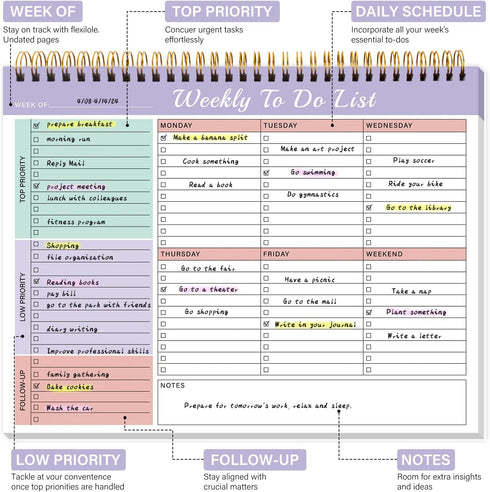 Weekly To Do List Notepad with 52 Undated Sheets, 8.5"×11" Desk Planner Pad for Office and Home