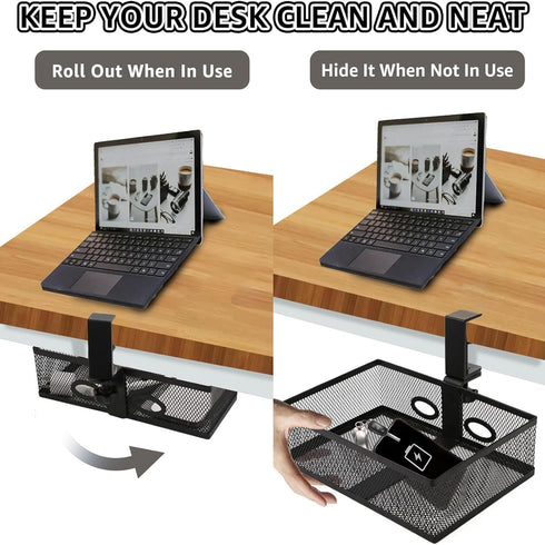 RHBLME Under Desk Drawer Storage, Black 360-Degree Rotating Clamp-on Swivel Pencil Drawer for Office Tables