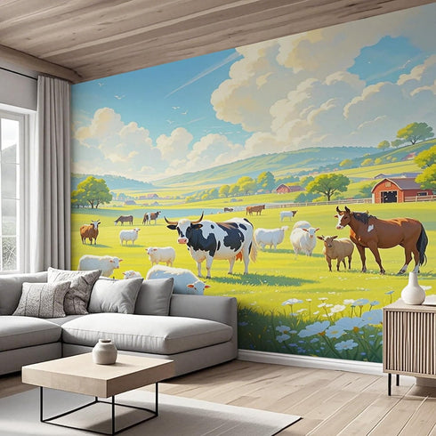 MazoAzuria Farm Animal Mural, Dairy Cow Sheep Horse Wallpaper, Nature Landscape Wall Mural for Bedroom Living Room