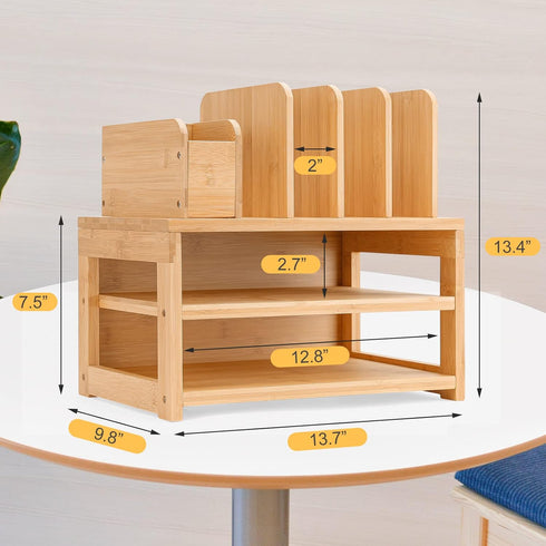 Homde Bamboo Desk Organizer with 3-Tier File Holder, Adjustable Pen Holder, Natural Desktop Storage for Office Home