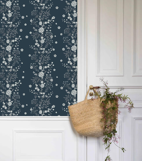 (17.32in 6.56ft) Tonal Floral Peel and Stick Wallpaper Navy Blue Floral Self Adhesive Waterproof Contact Paper