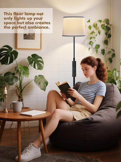 60" A19 9W 3000K-6000K 10%-100% Dimmable Bulb Modern Floor Lamp for Living Room Bedroom, Standing Lamp with White Linen