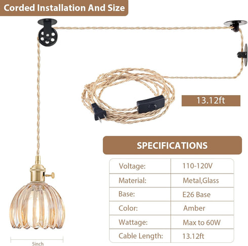 Plug in Pendant Light Fixtures, Hanging Light Fixture Vintage Glass Pendant Light, Mini Amber Tulip Hanging Lamp
