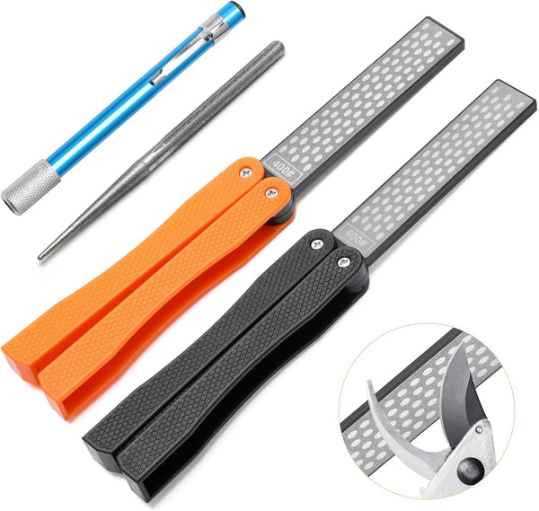 3PCS Garden Tool Sharpener, 2PCS Double-Sided Diamond Knife Sharpener and 1PCS Retractable Rod for Gardening