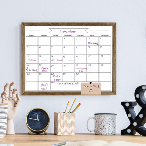 TORASO Dry Erase Monthly Calendar Board, Magnetic Surface Whiteboard for Wall, Rustic Brown Frame, 13"x 17"