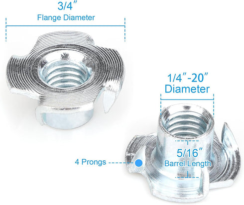 Aovchei 1/4"-20 (100 Pack), 5/16" 4-Pronged T-Nuts Zinc-Plated Steel Corrosion Resistant, Barrel Length, Tee Nut