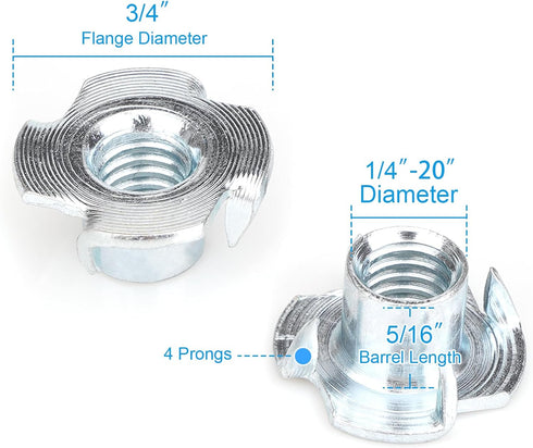 Aovchei 1/4"-20 (100 Pack), 5/16" 4-Pronged T-Nuts Zinc-Plated Steel Corrosion Resistant, Barrel Length, Tee Nut