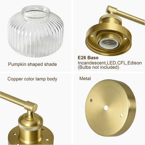 1 Pack Vintage Wall Sconces with Clear Pumpkin Glass Lampshade, Indoor Bathroom Wall Sconce, Modern Gold Industrial