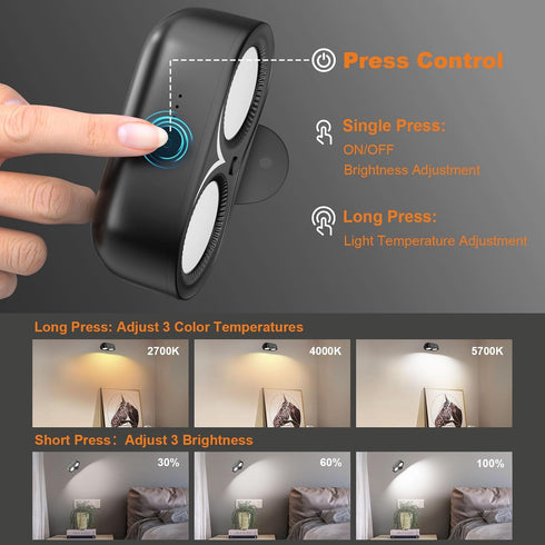 3 3 360 Use2 Packs IMAGE Dual Cylinder LED Wall Light, Super Bright Wireless Lamp, USB Port, Color Temperatures