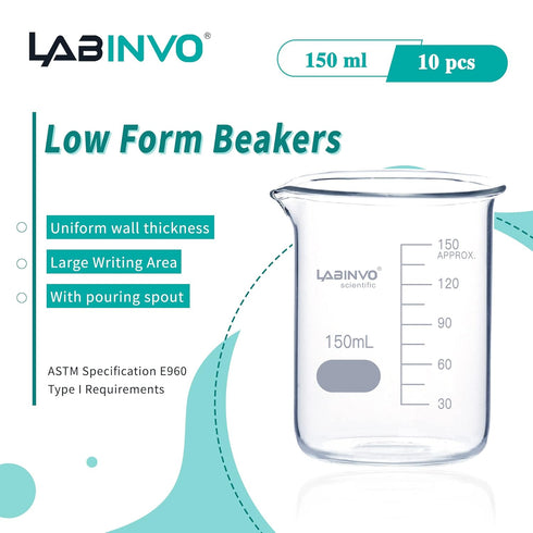 Low Form Graduated Glass Beaker Set, 10pcs of 150ml, 3.3 Borosilicate Glass