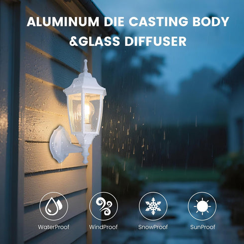 E26 (60W Photocell-Controlled Outdoor Wall Light Die-Cast Aluminum & Glass Water-Resistant Exterior Fixture, Wet