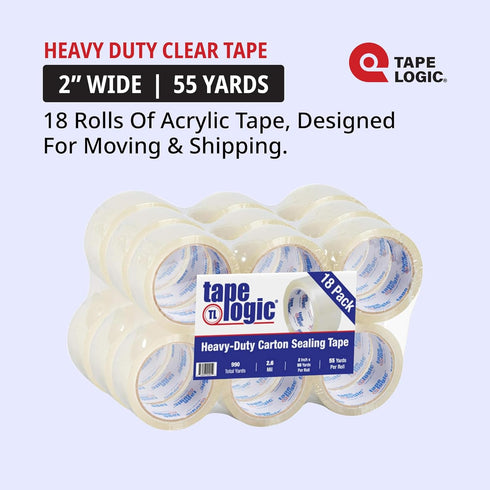 Tape Logic 2" x 55 yds Acrylic Packing Tape, 18-Pack Heavy Duty Rolls for Sealing Boxes