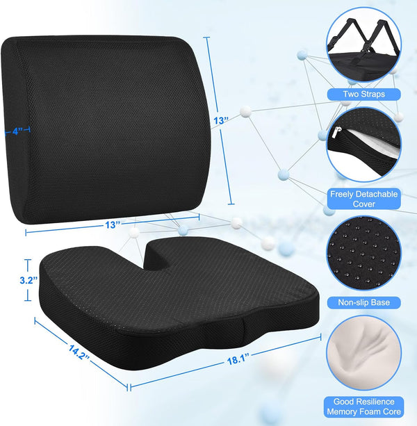 Funien Memory Foam Orthopedic Seat Cushion and Lumbar Support Pillow for Sciatica Pain Relief, CarOffice Chair Cushions