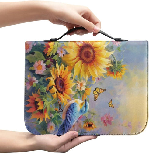 Sunflower Hummingbird Bible Cover Case, PU Leather Waterproof Protector with Handle, Large Size Tote Bag