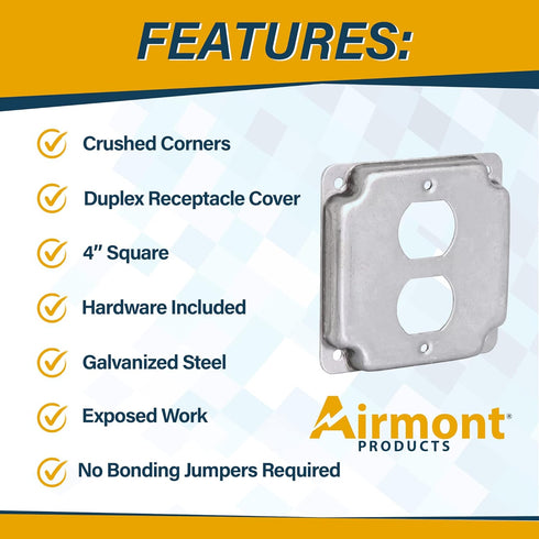 AP-12096, 4" Square Duplex Receptacle Electrical Box Cover, 1/2" Raised, Galvanized Steel, Crushed Corners